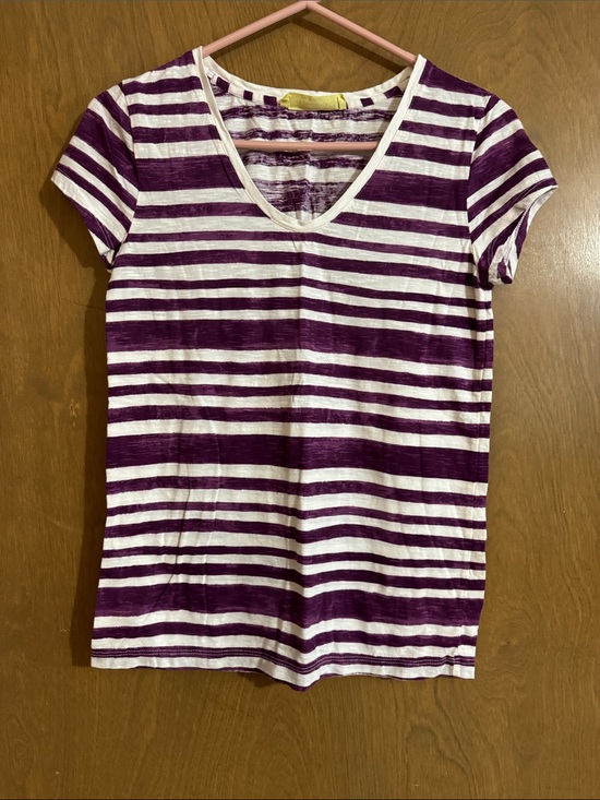 LOFT Tops - LOFT Purple and White Striped V-Neck Short Sleeve Tee